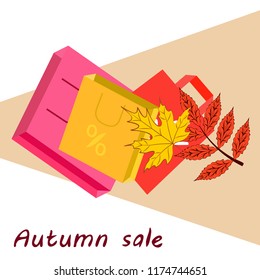 shopping autumn sale paper package fallen leaves vector background