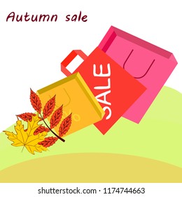 shopping autumn sale paper package fallen leaves vector background