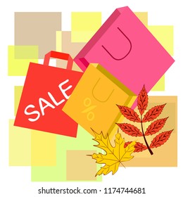 shopping autumn sale paper package fallen leaves vector background