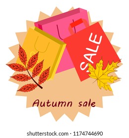 shopping autumn sale paper package fallen leaves vector background