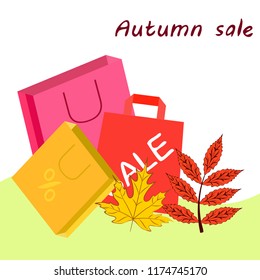 shopping autumn sale paper package fallen leaves vector background