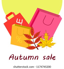 shopping autumn sale paper package fallen leaves vector background