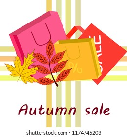 shopping autumn sale paper package fallen leaves vector background