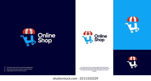 toldo de compras e logotipo do carrinho, e-commerce, design de modelo gráfico.