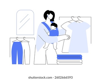 Shopping with a baby isolated cartoon vector illustrations. Mom choosing a clothes with a baby, shopping with a kid, modern parenting, young parent lifestyle, having children vector cartoon.
