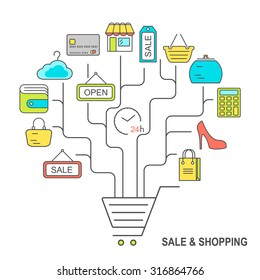 Shopping background with colored line style icons and place for text. Linear style fashion pattern.