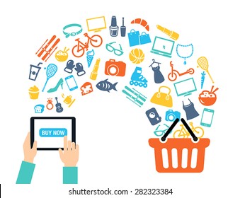 Shopping background concept with icons shopping online, using a PC, tablet or a smartphone. Can be used to illustrate mobile communication topics or consumerism.