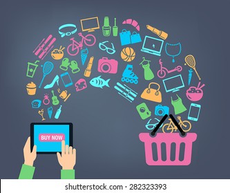 Shopping background concept with icons. shopping online, using a PC, tablet or a smartphone. Can be used to illustrate mobile communication topics or consumerism.