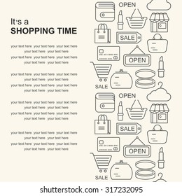 Shopping background with line style icons and place for text. Linear style fashion pattern.