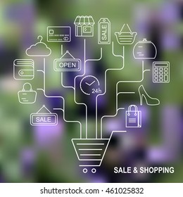 Shopping background with line style icons on blurred floral background. Linear style fashion unfocused pattern.