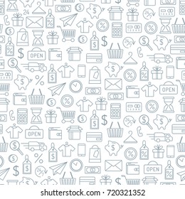 Shopping background. Seamless pattern with line art icons. Monochrome variant