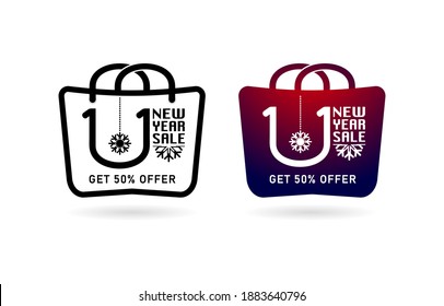 Shopping bag 1.1 sale, handbag 1.1 online sale, set of sale labels, icons shopping bag and handbag  illustration monochrome design, New year sale shopping illustration poster, flyer, banner.