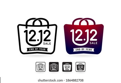 Shopping bag 12.12 sale, handbag 12.12 online sale, set of sale labels, icons shopping bag and handbag sale illustration monochrome design, tote bag 1212 shopping illustration poster, flyer, banner.