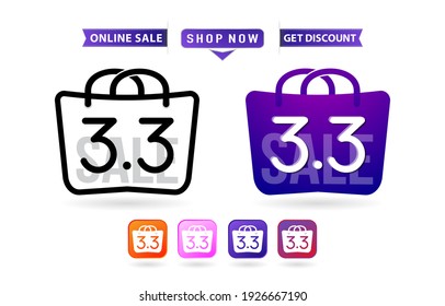 Shopping bag 3.3 sale, handbag 3.3 woman of months sale, labels and tag icons shopping bag and handbag illustration monochrome and colors, calendar for sale, poster, flyer and banners for e-commerce.