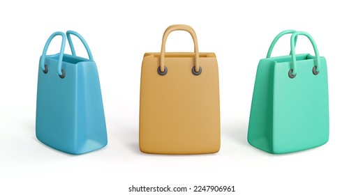 Shopping bag 3D. Color cardboard gift package in realistic cartoon style. Vector illustration