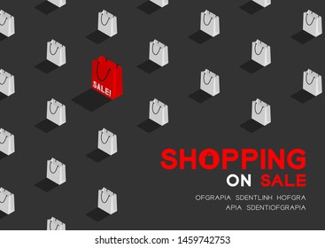 Shopping bag 3D isometric pattern, Sale promotion concept poster and banner horizontal design illustration isolated on dark grey background with copy space, vector eps 10