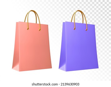 Shopping bag 3D realistic design. Set of Colorful Empty Shopping Bags. Stylish fashionable bag isolated on white background. Vector illustration.