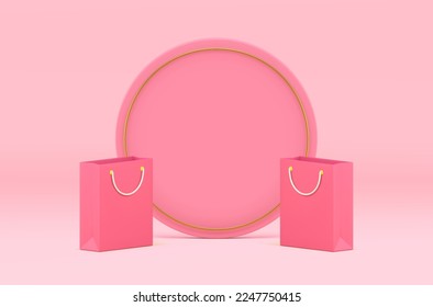 Shopping bag 3d showroom sale discount special offer product premium presentation realistic vector illustration. Store shop price off pink decorative showcase commercial business promo advertising