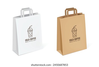 Shopping bag 3D vector mockup with flat handle and coffee logo design. White and brown paper bag packaging mockup