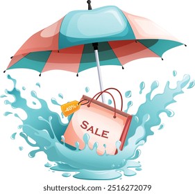 Saco de compras com 40% de desconto Tag e guarda-chuva colorida Caindo em poça com um Splash. Venda de monções Web Design Gráfico 