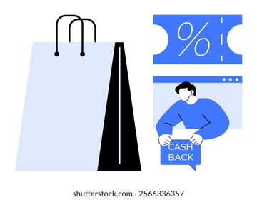 A shopping bag alongside a discount coupon featuring a percentage sign plus a person holding a cash back notification. Ideal for discounts, e-commerce, online shopping, cash back incentives, sales