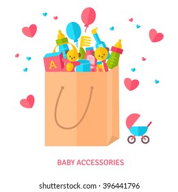 Shopping bag with baby accessories. Vector Illustration. Goods for new born child. Flat style. Toys, cosmetics, gifts.