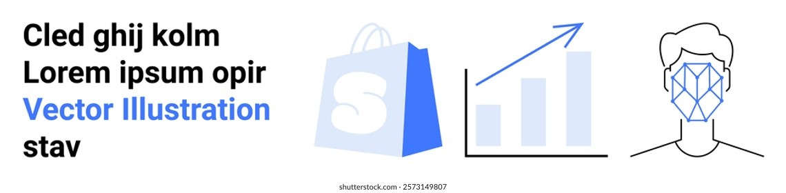 Shopping bag, bar chart with upward arrow, and human face with facial recognition grid. Ideal for e-commerce, data analysis, AI technology, business growth, online shopping. Landing page