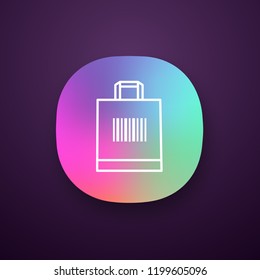Shopping bag with barcode app icon. Retail. Merchandising. Using traditional barcodes. One dimensional code data identification. UI/UX user interface. Mobile application. Vector isolated illustration