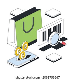 Shopping bag, barcode magnifier, bitcoin screen smartphone. Vector 3d sketch line isometric style, color icon illustration. Creative design idea and infographics elements.