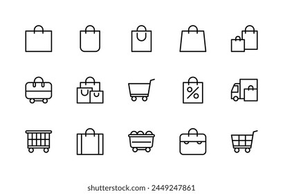 Shopping bag and basket vector linear icons set. Contains such icons as delivery, trade, cart, sales, shopping bag, package and more. Isolated icon collection of bag and basket on white background.