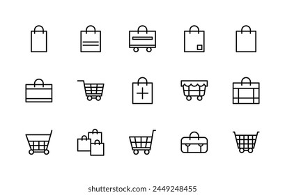 Conjunto de iconos lineales de Vector de cesta y bolso de compras. Contiene iconos como ventas, bolso de compras, paquete, compras, Carrito y más. Icono aislado colección de bolso y cesta sobre fondo blanco.