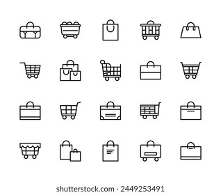 Shopping bag and basket vector linear icons set. Contains such icons as shopping bag, package, purchases, shopping cart and more. Isolated collection of bag and basket icons on white background.