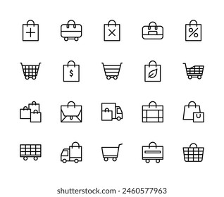 Shopping bag and basket vector linear icons set. Contains such icons as package, handbag, shopping bag, shopping cart and more. Isolated collection of bag and basket icons on white background.