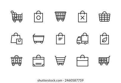 Conjunto de iconos lineales de Vector de cesta y bolso de compras. Contiene iconos como orden, Carrito de compras, Carrito vacío, entrega de alimentos y más. Icono aislado colección de bolso y cesta sobre fondo blanco.