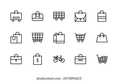 Shopping bag and basket vector linear icons set. Contains such icons as food delivery, consumption, bag, basket, trade brand and more. Isolated icon collection of bag and basket on white background.