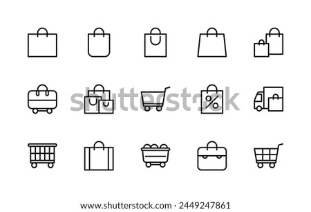 Shopping bag and basket vector linear icons set. Contains such icons as delivery, trade, cart, sales, shopping bag, package and more. Isolated icon collection of bag and basket on white background.