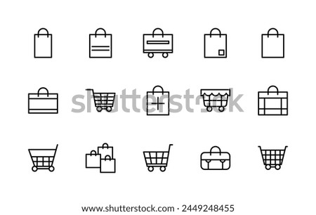 Shopping bag and basket vector linear icons set. Contains such icons as sales, shopping bag, package, purchases, cart and more. Isolated icon collection of bag and basket on white background.