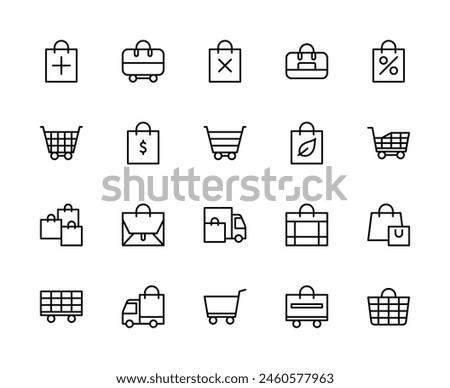 Shopping bag and basket vector linear icons set. Contains such icons as package, handbag, shopping bag, shopping cart and more. Isolated collection of bag and basket icons on white background.