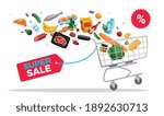 Shopping bag basket zero waste eco composition with text tag discount flying products and trolley cart vector illustration