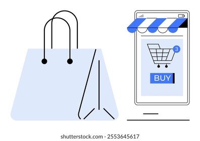 Shopping bag beside a smartphone displaying a shopping app buy button and cart notification. Ideal for e-commerce, mobile shopping, online retail, digital marketing, convenience shopping