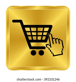 shopping bag - black vector icon;  gold button