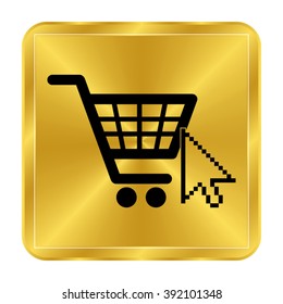shopping bag - black vector icon;  gold button
