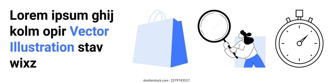 Shopping bag in blue with logo, person holding magnifying glass, and stopwatch. Ideal for ecommerce, sales, time management, research, and business promotion. Landing page