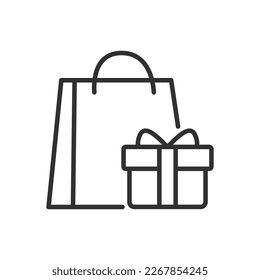 A shopping bag and a bonus gift, linear icon. Line with editable stroke