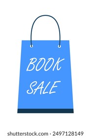 Shopping bag with book sale inscription, sale in bookstore. Icon for book sales at fairs, bookstores, exhibitions. Vector flat illustration.