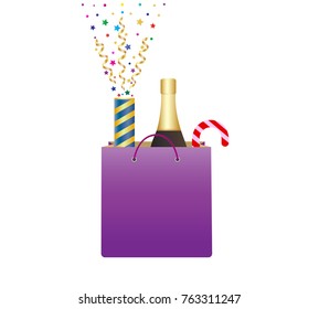 Shopping Bag With Bottle Of Champagne And Christmas Candy Cane. Exploding Party Popper With Confetti And Streamer. Christmas Gifts. Xmas Shopping Concept. Isolated On White Background. Vector.