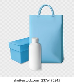 Shopping bag and bottle of cream. Realistic vector illustration.