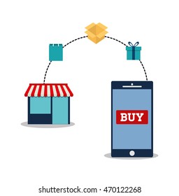 shopping bag box gift smartphone store online payment ecommerce icon. Flat illustration. Vector graphic