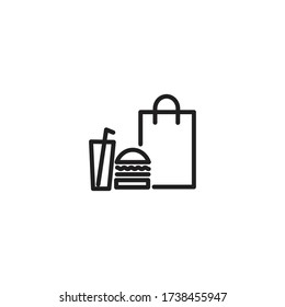 Shopping bag, a burger and softdrink illustration Vector. outline icon at white background.