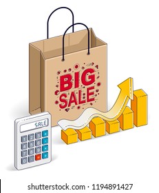 Shopping bag with calculator and growth chart stats, big sale, sellout, retail, Black Friday discount, eco paper bag isolated on white background. Vector 3d isometric illustration.